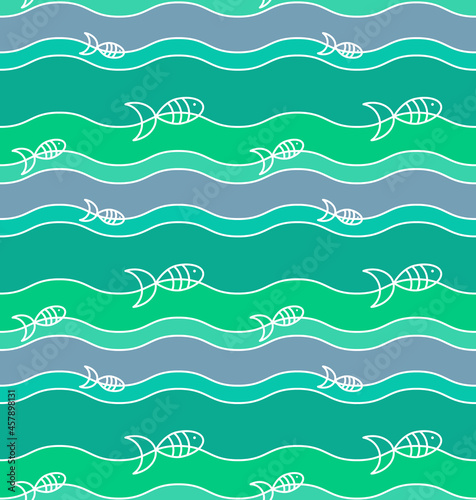 Sea waves and fish seamless pattern. White contour line geometric template. Blue marine, green color palette background. Vector © ZenZeroArt
