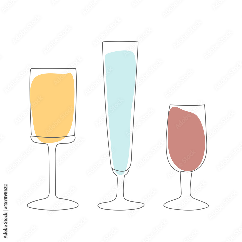 three glasses of different shapes are drawn in a doodle style with one solid line against a background of blue pink and orange spots on a white background three glasses of different shapes are drawn in a doodle style with one solid line against a background of blue pink and orange spots on a white background