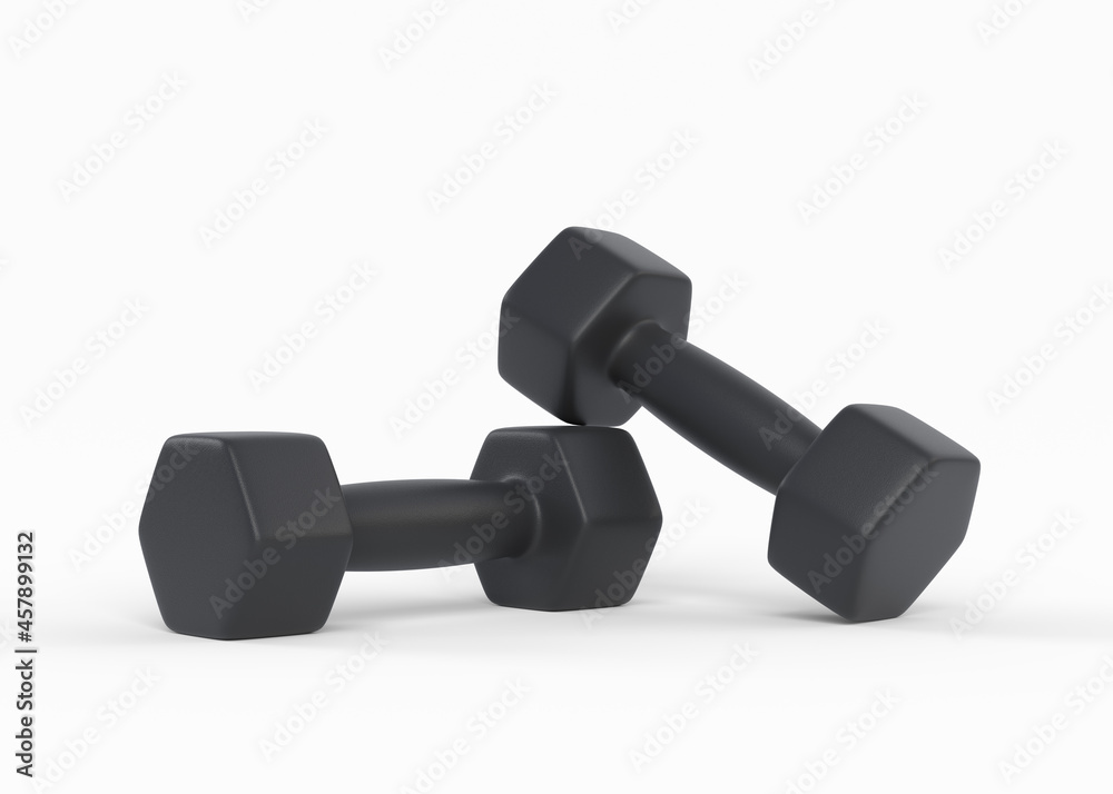 Two black fitness dumbbells isolated on a white background. Front view. Gym and fitness workouts concept. Sport equipment. Workout tools. 3D render illustration Two black fitness dumbbells isolated on a white background. Front view. Gym and fitness workouts concept. Sport equipment. Workout tools. 3D render illustration