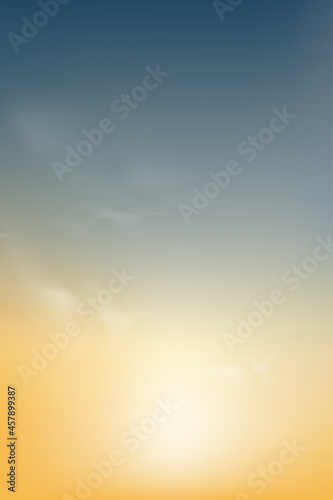 Blue and yellow sky background, Vertical Dramatic twilight landscape with Sunset in evening, Vector mesh horizon Sky banner of sunrise or sunlight for four seasons background
