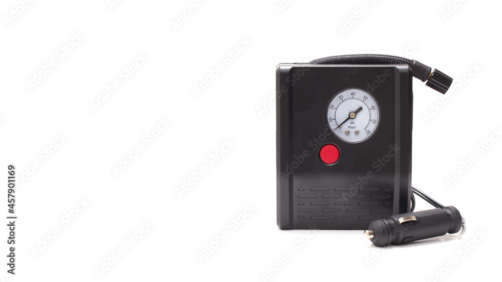 Portable electric air compressor on white with copy space Portable electric air compressor on white with copy space