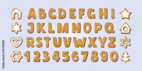Christmas gingerbread alphabet font and numbers. Winter glazed cookies in shape of gingerbread house and tree and star, snowflake and heart. Cartoon Vector illustration