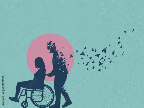 Disabled woman in wheelchair. Loving couple outline. Death, afterlife