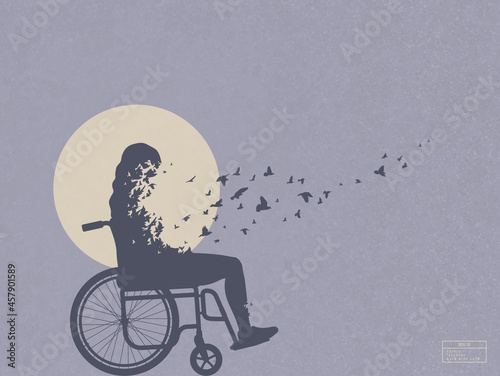 Girl in wheelchair. Death and afterlife. Bird fly. Abstract silhouette