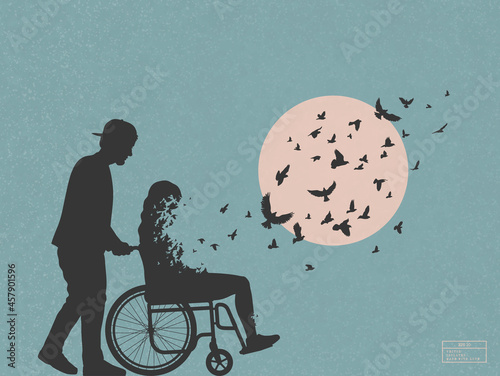 Disabled woman in wheelchair. Loving couple outline. Death, afterlife