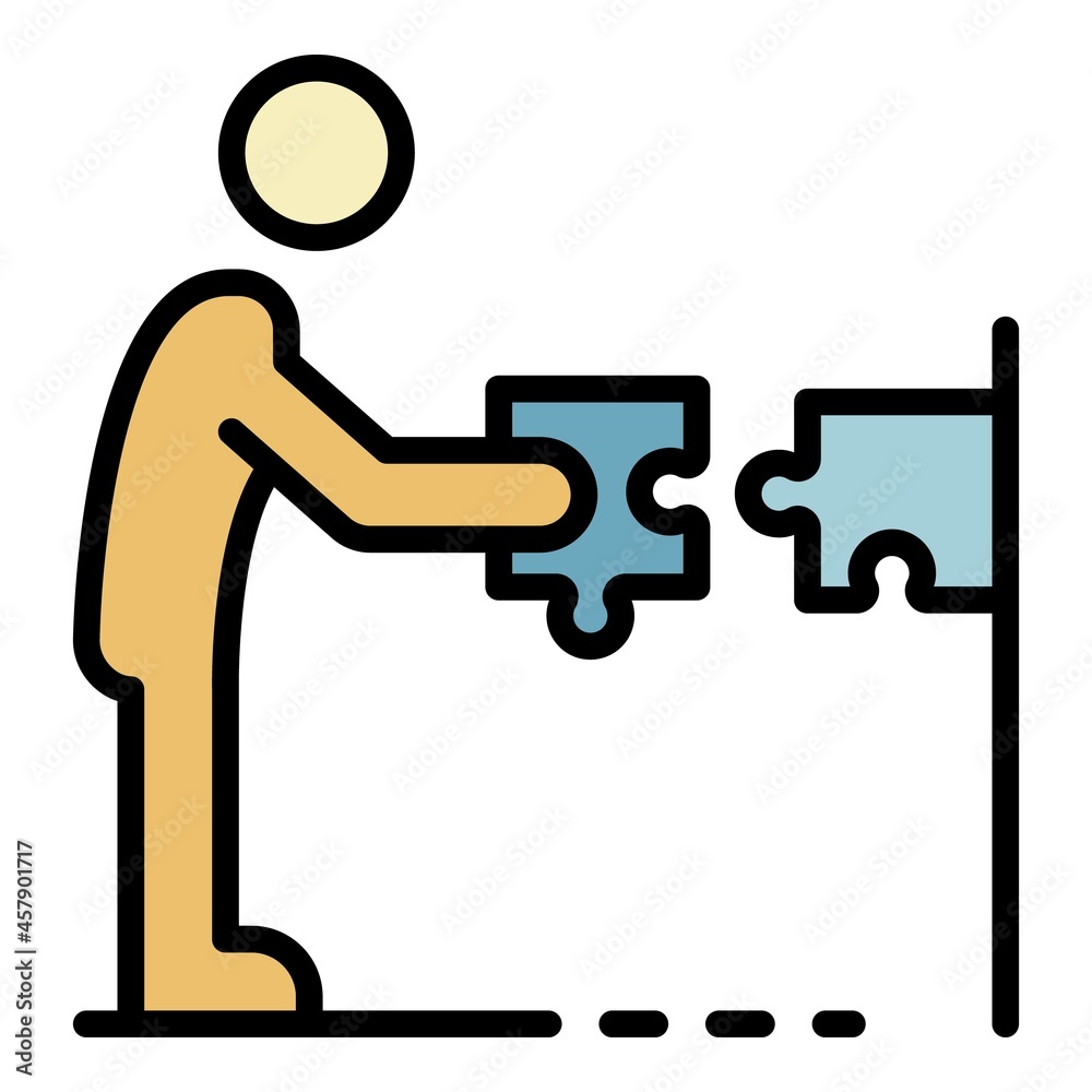 Man take puzzle icon. Outline man take puzzle vector icon color flat isolated