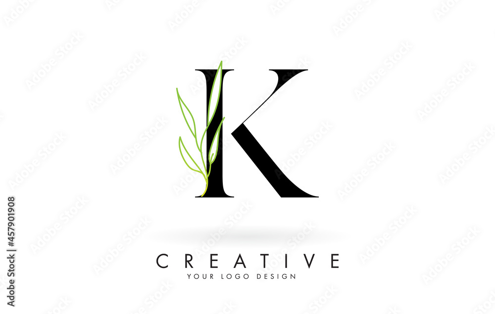 Elegant K letter logo design with long leaves branch vector illustration. Creative icon with letter K and natural elements. Elegant K letter logo design with long leaves branch vector illustration. Creative icon with letter K and natural elements.
