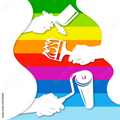 Spray gun brush and roller in hands, banner for painter