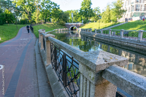 KALININGRAD, Koenigsberg , RUSSIA. Beautiful cityscape of Kaliningrad central park. Upper pond view.