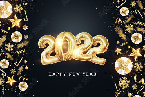 Gold numbers 2022 from Gold foil balloons. Happy New Year. Modern design on a dark background. Design template, header for the site, poster, New Year's card. 3D illustration, 3D render.
