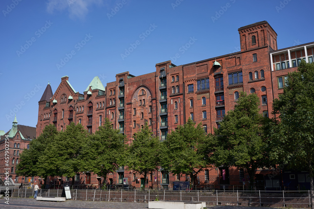 Hamburg, Germany - July 18, 2021 - The Speicherstadt - City of Warehouses - is the largest warehouse district in the world where the buildings stand on timber-pile foundations, oak log