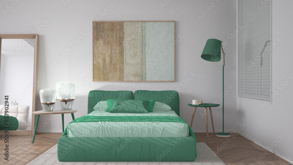 Modern bright minimalist bedroom in turquoise tones, double bed with pillows, duvet and blanket, parquet, window, table with lamps, mirror with pouf, carpet, interior design idea