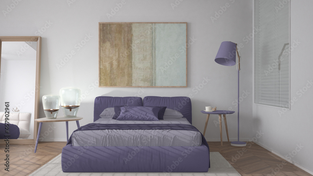 Modern bright minimalist bedroom in violet tones, double bed with pillows, duvet and blanket, parquet, window, table with lamps, mirror with pouf, carpet, interior design idea