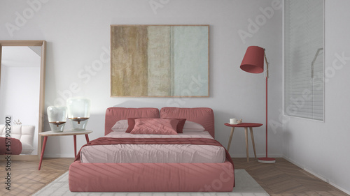 Modern bright minimalist bedroom in red tones  double bed with pillows  duvet and blanket  parquet  window  table with lamps  mirror with pouf  carpet  interior design idea