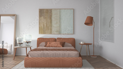 Modern bright minimalist bedroom in orange tones, double bed with pillows, duvet and blanket, parquet, window, table with lamps, mirror with pouf, carpet, interior design idea
