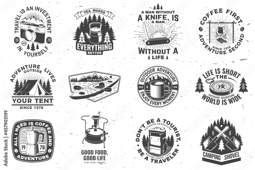 Summer camp with design elements. Vector illustration. Camping and outdoor adventure emblems. Typography design with retro camping tea kettle, pocket knife, camping tent, mug and forest silhouette.
