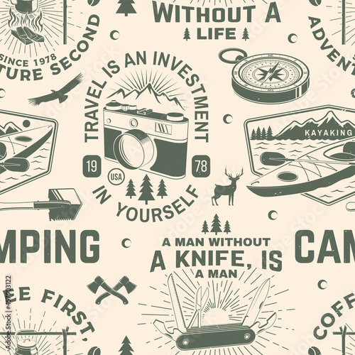 Summer camp seamless pattern or background. Vector. Seamless scene with photo camera, kayak , mountain, pocket knife and forest silhouette. Outdoor adventure background for wallpaper or wrapper.
