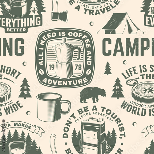 Summer camp seamless pattern or background. Vector. Seamless scene with metallic coffee maker , backpack, mug, camping tent, compass silhouette. Outdoor adventure background for wallpaper or wrapper.