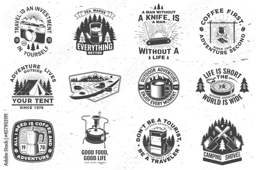 Summer camp with design elements. Vector illustration. Camping and outdoor adventure emblems. Typography design with retro camping tea kettle  pocket knife  camping tent  mug and forest silhouette.