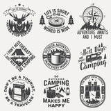 Set of camping badges, patches. Vector. Concept for shirt or logo, print, stamp or tee. Vintage design with camping equipment, forest, backpack, mug, compass, camper rv and mountain silhouette.