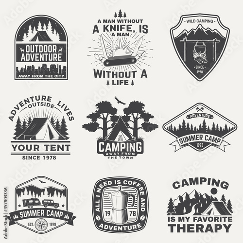 Set of camping badges, patches. Vector. Concept for shirt or logo, print, stamp or tee. Vintage typography design with coffee maker, camping equipment, forest, camper rv and mountain silhouette.