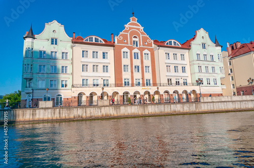 Fishing Village - ethnographic and trading-craft center in Kaliningrad. Quarter, built houses in the German style. Pregolya River, Russia, Europe.