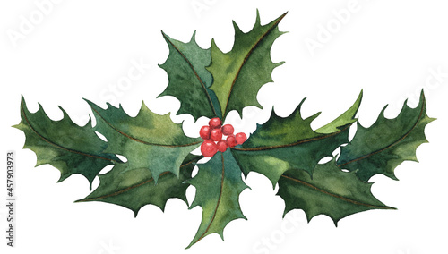 Christmas watercolor  holly berries and green leaves, isolated on white background.