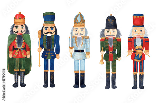Set of watercolor hand drawn wooden toy soldier - nutcracker