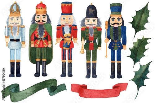 Set of watercolor hand drawn wooden toy soldier - nutcracker photo