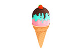 Ice cream cone with nuts, chocolate and strawberries. flat ice cream illustration