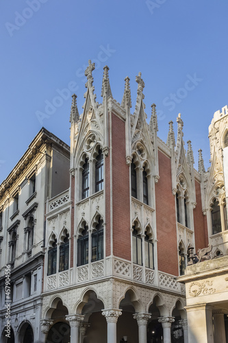 Architectural fragments of a historic building called "Caffe Pedrocchi" (from 1831) at Piazzetta Pedrocchi. Padua, Veneto, Italy. © dbrnjhrj