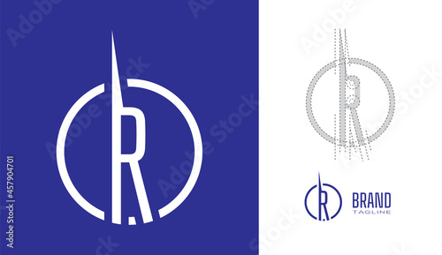 Clean Minimal letter R Logo in a circle border stroke line with logo geometry measurements for creative graphic  branding design concepts for corporate business, restaurant, manufacturing and food