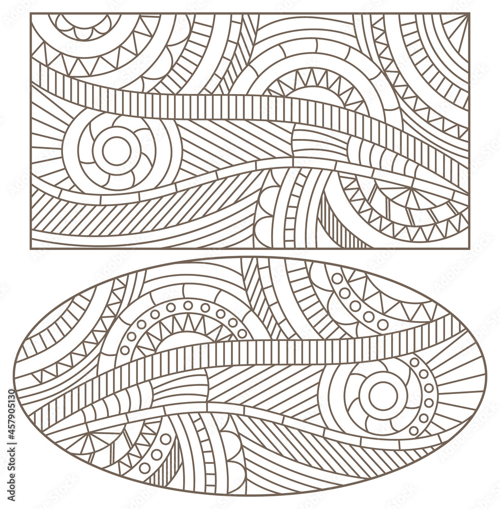 Obraz premium A set of contour illustrations in the style of stained glass with abstract patterned backgrounds, dark contours on a white background