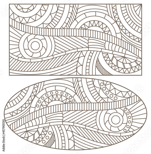 A set of contour illustrations in the style of stained glass with abstract patterned backgrounds, dark contours on a white background
