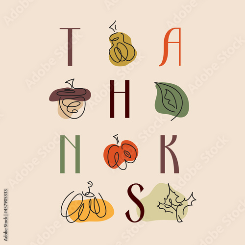 Thank you card with fruits and vegetables. Acorn, pumpkin, apple, pear. Autumn.