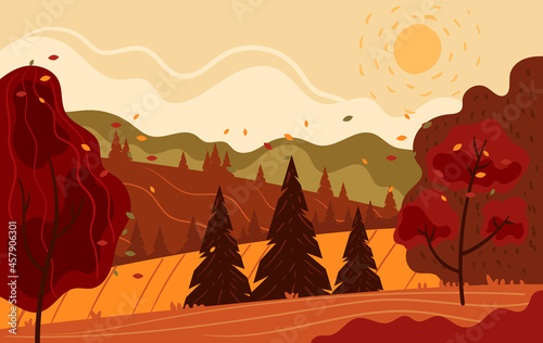 Autumn nature landscape graphic design hand drawn illustration