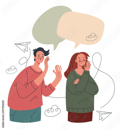 People man woman office workers colleague characters tell rumors. Vector flat cartoon graphic design illustration