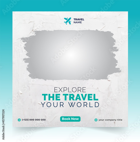 travel sale social media post template. Web banner, flyer or poster for travelling agency business offer promotion. Holiday and tour advertisement banner design