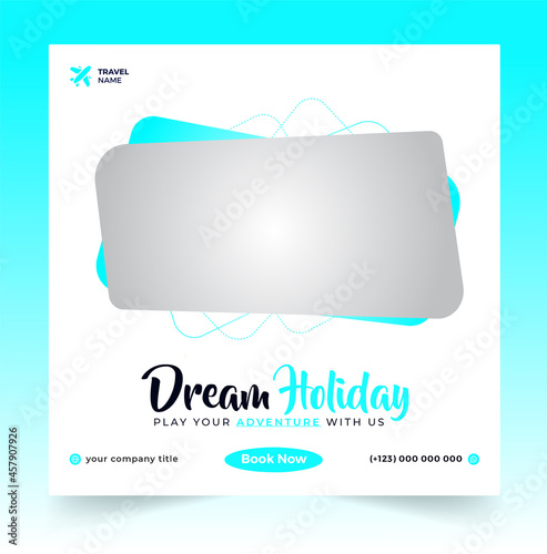 travel sale social media post template. Web banner, flyer or poster for travelling agency business offer promotion. Holiday and tour advertisement banner design