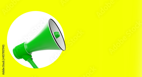 Megaphone on bright background. Collage in magazine style with loudspeaker. Place for text next to bullhorn. Bright picture that draws attention to information. Advertising, promotion, ads. 3d render