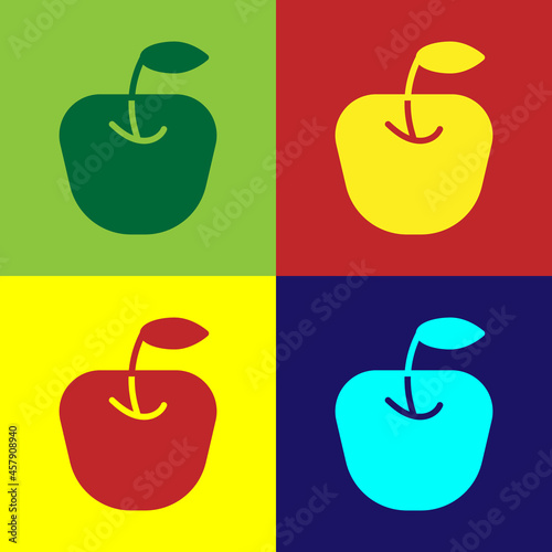 Pop art Apple icon isolated on color background. Fruit with leaf symbol. Vector