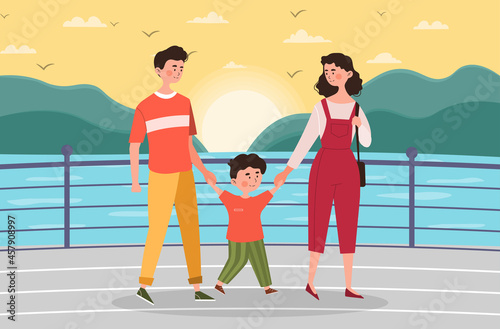Mom and dad and son walking. Happy family spend time together, people watch sunset. Seaside, summer vacation, tourists in another city. People breathe fresh air. Cartoon flast vector illustration photo