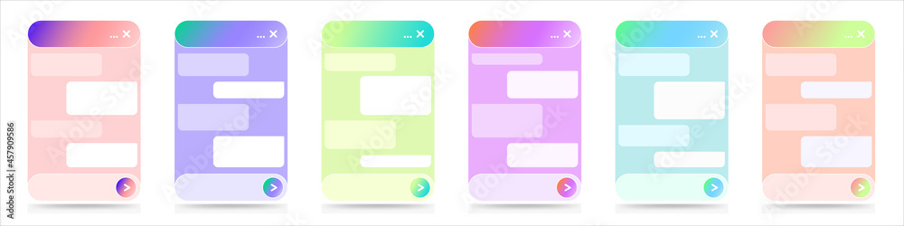 A set of chatbot dialog window interfaces for websites and mobile applications. Online live chat app and virtual assistant with gradients of bright colors. Vector designe isolated on a white