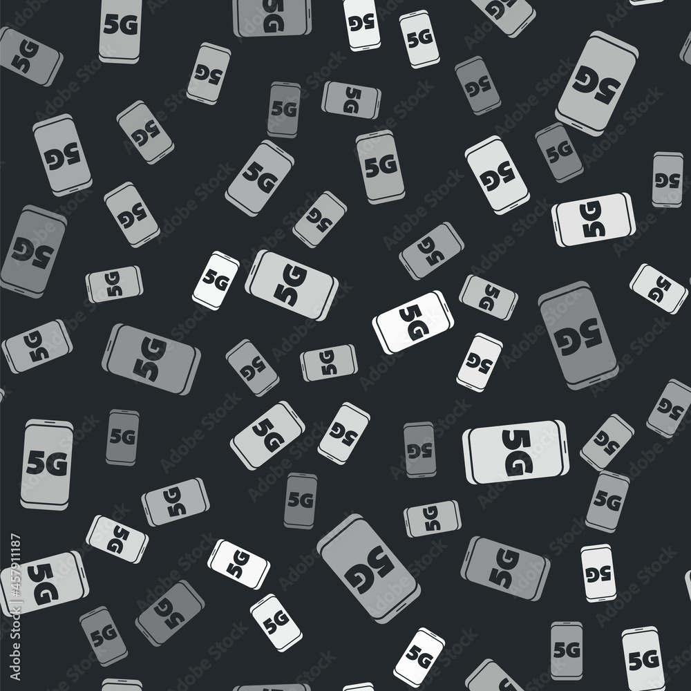 Grey Mobile with 5G new wireless internet wifi icon isolated seamless pattern on black background. Global network high speed connection data rate technology. Vector Grey Mobile with 5G new wireless internet wifi icon isolated seamless pattern on black background. Global network high speed connection data rate technology. Vector