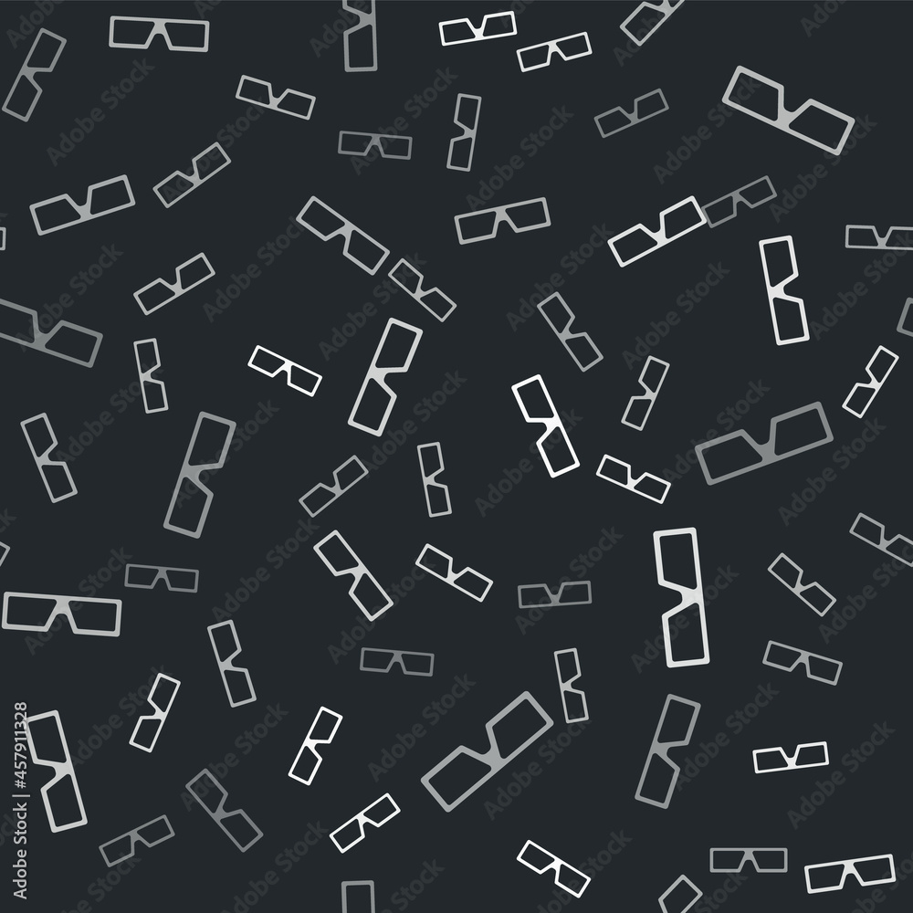 Grey 3D cinema glasses icon isolated seamless pattern on black background. Vector