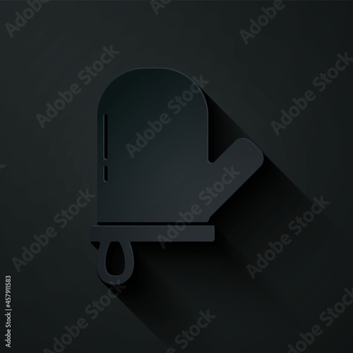 Paper cut Oven glove icon isolated on black background. Kitchen potholder sign. Cooking glove. Paper art style. Vector