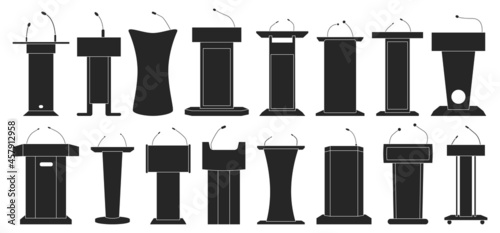 Tribunal of of podium black vector illustration on white background . Rostrum and podium set icon.Isolated vector illustration icon tribunal with microphone.
