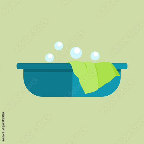 Plastic bowl with soap foam for washing and cleaning. Cartoon style. Vector illustration.