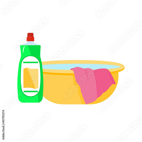 Plastic bowl with soapy foam for washing and cleaning. Isolated on white background vector illustration.