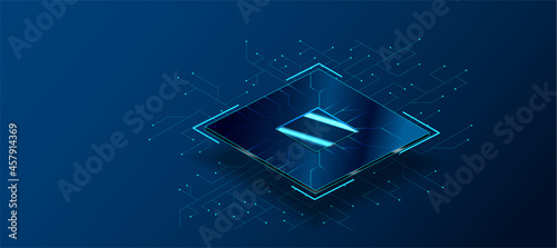 CPU. Futuristic processor on microchips. A quantum computer that processes large amounts of data, a database concept. Isometric banner of the processor, transmission and calculation of network data.